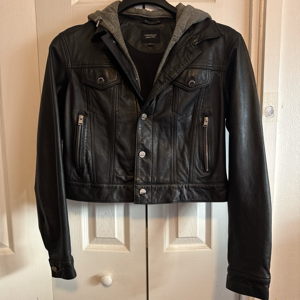 Lamarque Black Leather Jacket with Gray Hood
